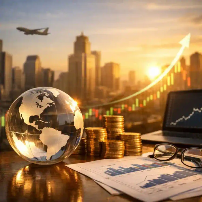 Globe, coins and financial charts representing the cost of studying abroad